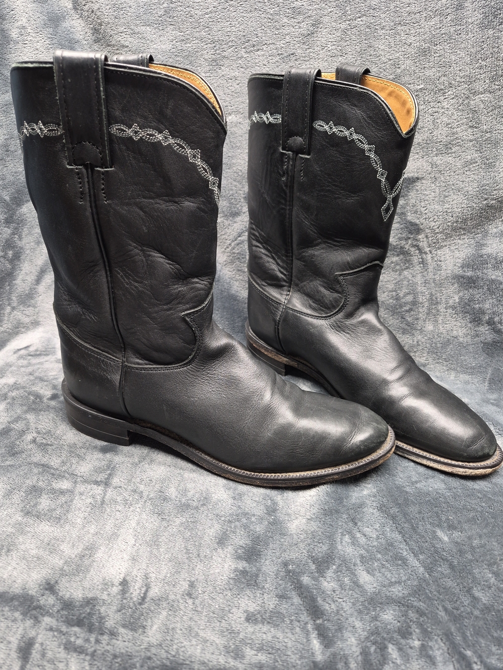 Justin Brock Roper 3233 Boots Mens 7D Black Leather Pull On White Stitches